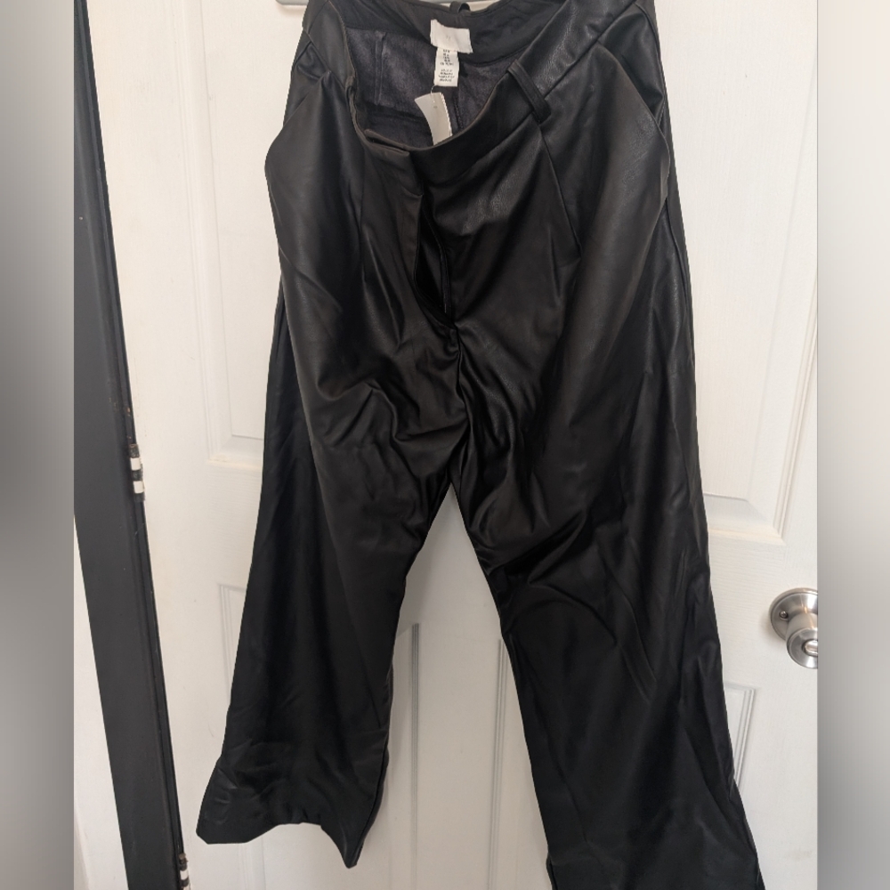 H And M Black Faux Leather Wide Leg Trouser Pants